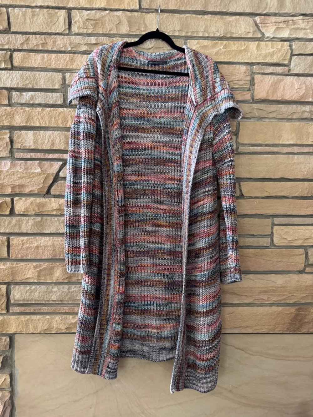 Peruvian Connection Rainbow Multicolor Shawl Collar Open-Front Knit Cardigan